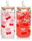 Nymora Cherries & Bows Glass Cups with Lids and Straws, 16OZ Cherry Decor Iced Coffee Cups, Coquette Cute Drinking Glasses, Mother's Day & Birthday Gift for Women – Set of 2