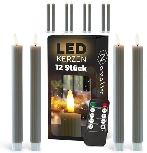 Novaliv Stabkerzen LED mit Timer TAUPE GRAU 12 Stück indoor 6 Stunden ECHTWACHS gerippt 23cm Höhe für Kerzen 2,2cm Durchmesser 2 AAA Batterien notwendig LED Stabkerzen 2er Set 3x bewegliche Flamme