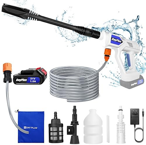 Akku Hochdruckreiniger, 21V 45Bar Mobiler Hochdruckreiniger Mit 1 Akku&Schnellladegerät, Schaumsprüher, 6-in-1 Multifunktionale Düse und 180° Drehbare Düse für Auto/Gartenreinigung