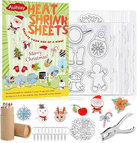 Auihiay 146-teiliges Schrumpfpapier-Set aus Kunststoff, enthält 20 Schrumpffolien mit Weihnachts- oder Alltagsmuster und 3 leere Schrumpffolienpapier, Locher, Schlüsselanhänger, Bleistifte für Kinder