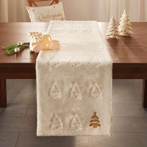 Frank Flechtwaren Tischläufer Wintertanne, Kunstfell, Glatte Rückseite, 100% Polyester Maße: 40 x 140 cm
