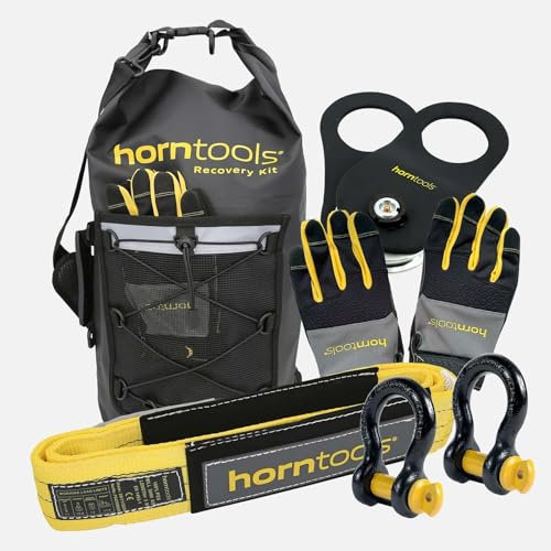 horntools Recovery Kit Entry - Handschuhe, Bergegurt, Bogenschäkel, Umlenkrolle, wasserdichte Tasche, Bergeset, Bergematerial, Softschäkel, Umlenkrolle für Offroad Zubehör für Seilwinde