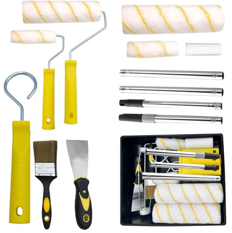Farbroller mit Teleskopstange Set, 12-teiliges Farbwanne,Professional Malerset Wandfarbe 23cm, 10cm, Malerpinsel Set mit Pinsel und Farbroller, Schaber & Farbwanne, Malerwalze für Wandfarben