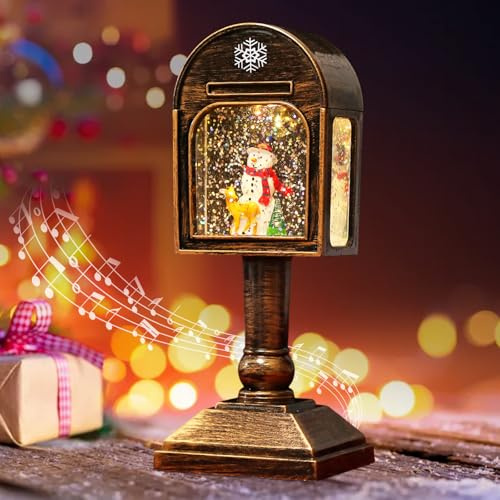 Weihnachtsdeko Laterne,Weihnachts Schneekugel Laterne mit Musik,Weihnachten Deko,Retro-Mailbox Weihnachtslaterne mit Glitzernde Schneekugel Nachtlicht,USB und Batteriebetrieben für Kamins Tischdeko