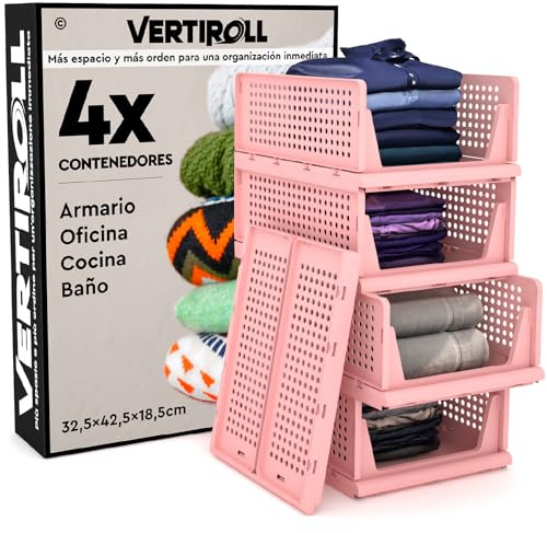 4 Cassetti Impilabili Scorrevoli Organizer Armadio VertiRoll - Contenitori Salvaspazio Portaoggetti in Plastica Colore Rosa Casa Cucina Bagno Ufficio Facili da Montare - Cassetti da 32,5x42,5x18,5cm
