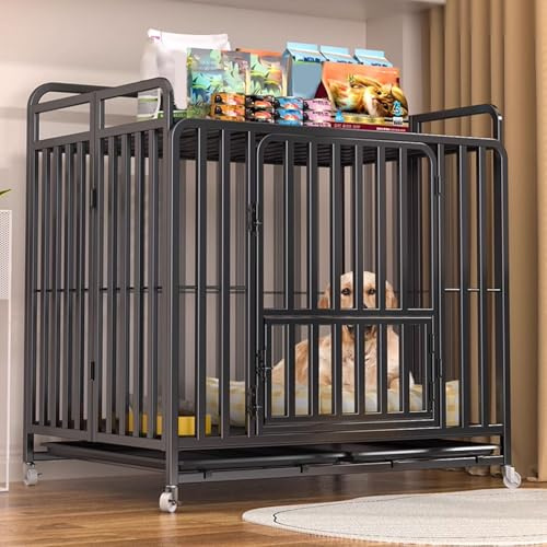Transportbox Hund Hundebox Schrank Hunde Käfig Faltbares Design Interaktives Panorama-Dachfenster Aus Metall Mit Universalrädern und Tablett 3 Größen(Black,95 * 65 * 77cm)