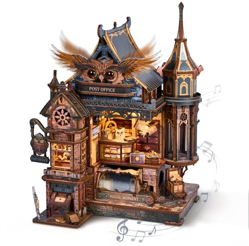 FUNPOLA LED 3D Wood Puzzle Owl Post Office, Dynamic Model with Mechanical Gears, DIY Miniature Kit with Music and LED Lights, Home Décor Gift for Adults and Teens