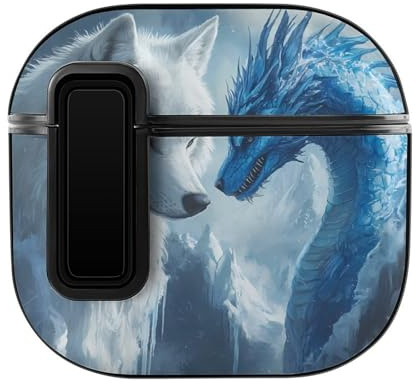 Wolf And Dragon Printed Earbuds Case Compatible with AirPods 4 Bluetooth Headphone Cases with Black Button Protector