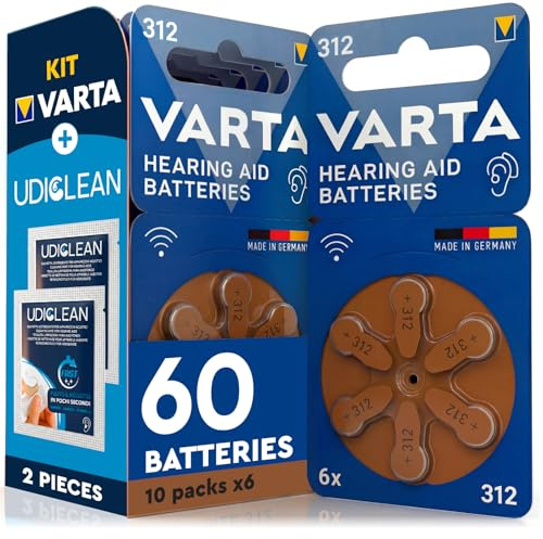 60 Batterie per Apparecchi Acustici Misura 312 Marroni e 2 Salviette Udiclean - Pile PR41 Varta Zinco Aria Tensione Stabile Lunga Durata a Prova di Perdite Made in Germany - 10 Blister da 6 Pile