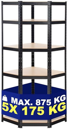 CLP Scaffale Angolare Flint in Metallo I Scaffale Portata 875 kg per Garage I Scaffale Garage Angolo 5 Ripiani, Colore:Nero, Dimensione:100x80x180 cm