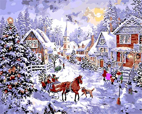 YEESAM ART Nouveautés Peinture par Numéros Adultes Enfants, Noël Arbres Neige Village Maison Cheval Jouant Enfants 40 x 50 cm Toile de Lin Bricolage Peinture à l'huile Cadeaux de Noël