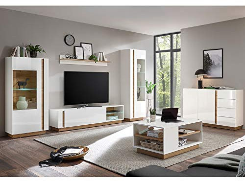 Lomadox Wohnzimmer-Wohnwand-Set in weiß Glanz mit Grandson Oak Eiche Nb. inkl. Sideboard & Couchtisch