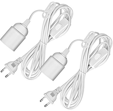E27 Lampenfassung Mit Schalter 2 Stück, 450cm Kabel, Stecker Mit Schalter, Lampenaufhängung, Pendelleuchte, Hängeleuchte, Converter Baulampe für Lampenschirm, Weiß