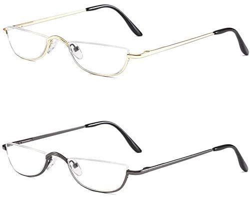 KoKoBin Lesebrille mit halbem Rahmen, Federscharniere für Männer und Frauen, schmal, Halbmondlinse, Lesebrille, Metall, halbrandlose Brillen, +1.00 Magnification (Pack of 2)