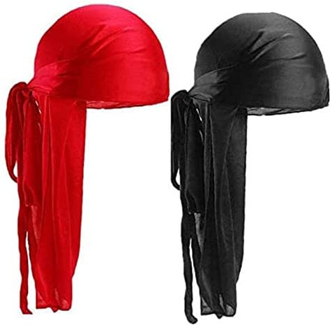 Headwrap Tail Bandanas Langem Schwanz Breiten Trägern Du-rag Kopf Piratenmütze Bandanas für Frauen Hip-Hop Tail Satin Kopftuch Piratenkappe mit Langem Herren Mütze Wave Durags 2 Stück, Schwarz und Rot
