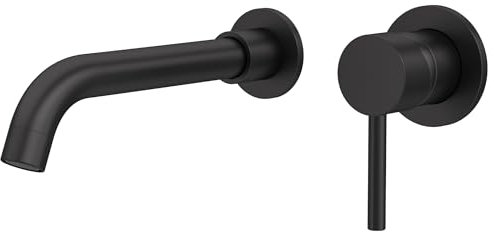 VALAZ Grifo Lavabo Negro Mate Empotrado | Grifo Lavabo Monomando, Mezclador Agua Fría y Caliente, Ahorro de Agua | Instalación Fácil | Latón, Inoxidable, Redondo 21cm, Serie Guadiana