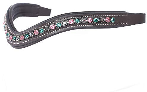 Exion gebogenes, gepolstertes Bling-Kristall-Stirnband aus Leder für Pferdezaumzeug|Mit Diamanten verzierte Bling-Stirnbänder für die englische Dressur|Kristallfarbe – Rose, Smaragd, Jet-Hämatit