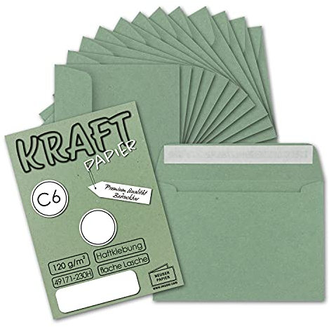 50x Briefumschläge DIN C6 Kraftpapier - Grün - Vintage Recycling Kuverts mit Haftklebung - 114 x 162 mm