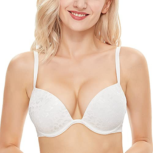 Wingslove Soutien-Gorge Push-up pour Femmes Deep V Plunge Underwire T-Shirt Bra Multiway 2 Cups Up（White 36B）