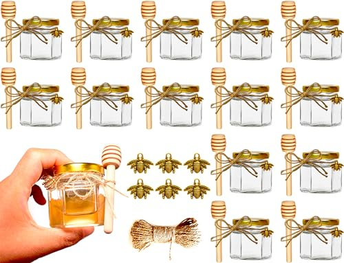 Ahhute Vasetti Miele, Piccoli Barattoli Bomboniere Ber la Comunione, Piccoli Vasetto Miele Bomboniere, Barattolini Miele Sacchetti Organza per Natale Battesimo, 15 Pezzi 60ml