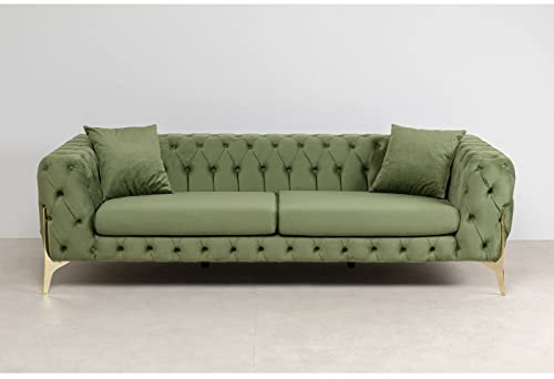 Kare Design Sofa Bellissima, Grün, Gerader 3-Sitzer im Chesterfield-Stil, 2 Kissen, Samtoptik, Holz Korpus, Stahlbeine, 70x240x90 cm (H/B/T)