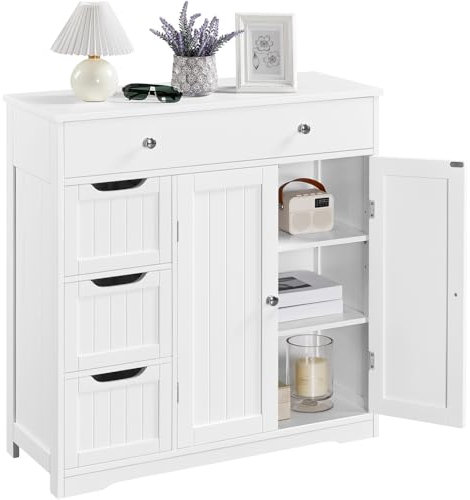 Yaheetech Mueble de Baño, Auxiliar de Madera MDF Armario de Bañocon Cajones y Estantes Ajustables Armario de Almacenamiento para Sala de Estar Blanco 81×30×81,5cm