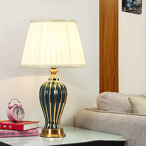 Moderne minimalistische Grün Keramik romantische warme dekorative Tischlampe Tischleuchte Kreativ Stoff Lampenschirm Schlafzimmer Nacht Wohnzimmer Studie Büro Nachttischlampe E27 (Grün)