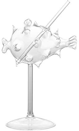 Frdun 200ml Creative Pufferfish Cocktail Glass,Martini Glass with Straw Transparent Goblet,Creative Cocktail Glass Bar Party Drinkware Spiny Dolphin Glass