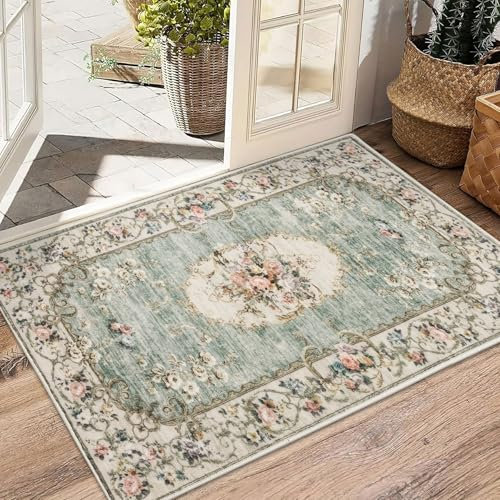 Taleta Greenish Washable Door Mats Indoor Green Small Boho Floral Rug Non-slip Doormats for Entryway Soft Entrance Vintage Short Pile Floor Mat for Hallway (Green, 50 x 80 cm)