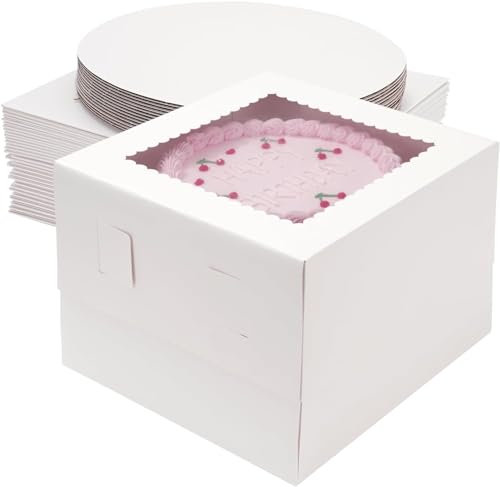 Miluoou 20pcs Cake Boxes with Boards (10 Each), 10x10x8 Inches White Bakery Box with Window, Large Baking Boxes, Square Box for Multi-Layer Cakes, Decorating Supplies