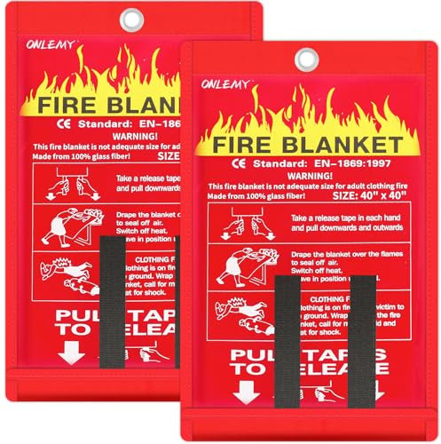 ONLEMY Lot de 2 couvertures anti-feu de 101,6 x 101,6 cm pour la maison et la cuisine, couverture ignifuge d'urgence pour camping, barbecue, cuisine, maison, voiture, école, entrepôt