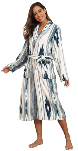 RONGTAI Peignoir long en polaire pelucheuse pour femme - Peignoir à capuche épais avec poches - Vêtement de nuit moelleux pour homme, Géométrique-vert, S