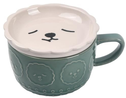 Keramik Katze Kaffeebecher, Katzentasse Niedliche, Tier Frühstück Tee Tasse Set 300ml mit Deckel, Schöne Katze Keramik Tasse Teebecher für Geburtstag Festivals Geschenke Mädchen Jungen (Schaf)