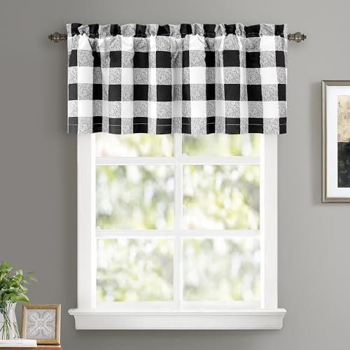 LoomLuxe Buffalo Check Plaid Volant Verdunkelungsvorhänge 45,7 cm Küche Wohnzimmer Schlafzimmer Schwarz und Weiß Gingham Bauernhaus Vorhänge Stangentasche Fensterbehandlung, Einzelvorhang