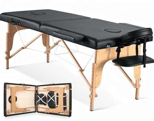 CHRUN Massage Table Portable Wooden Lash Bed 24 Wide Massage Bed Foldable Beauty Spa Tattoo Face Cradle Adjustable Height 35Inch 2 Fold with Bag (Black)