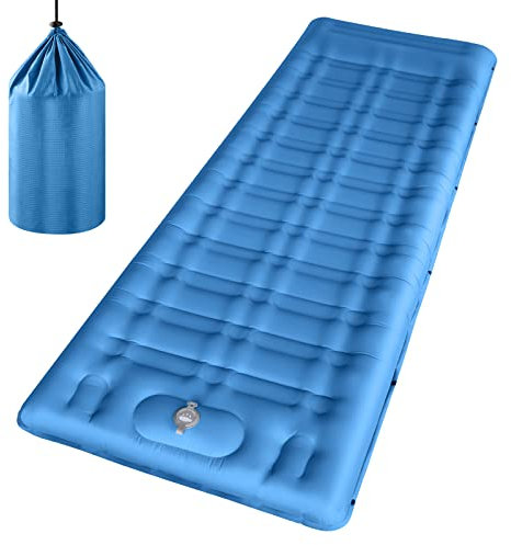 Linenix Matelas Autogonflant Camping 1 Place, 12cm D'épaisseur, Trekking Ultra Léger, Portable Avec Oreiller Intégré et Pompe à Pied (Bleu)
