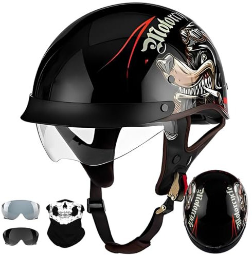 Casques Jet, Demi-Casque Moto Vintage Homologué ECE, Rétro Casques Bols avec Pare-Soleil et Boucle à Dégagement Rapide Réglable, Casque Ouvert pour Scooter Vélo Cruiser 57~64cm