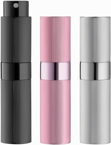 Toureal 8ml 3PCS Design à Fines Rayures Vaporisateur Vide de Sac Rechargeable, Atomiseur Parfum, Recharge Spray Flacon de Parfum, Pulverisateur Voyage (Noir, Argent, Rose)