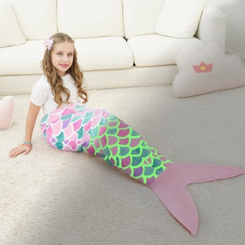 WERNNSAI Mermaid Tail Blanket Glow in the Dark Blanket for Birthday Gift | 110x40cm,Soft Flannel Scale,Birthday Gift,All Seasons,Christmas,Luminous,camping,reading,sofa,Machine washable,Portable