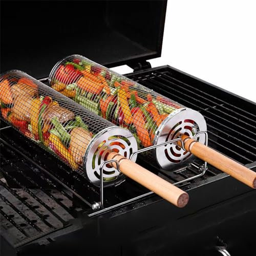 2 Pcs Rolling Grill Basket with Handle, Stainless Steel Rolling BBQ Basket, Tumble Barbecue Grill Basket, Cylinder Mesh Accessories Set for Outdoor Camping and Picnic, Vegetable Shrimp Chicken