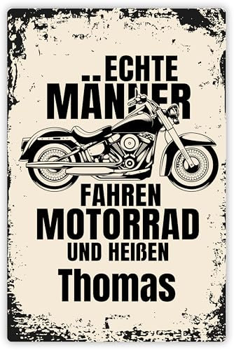Geschenk für Biker: Alu-Schild personalisiert „Echte Männer fahren Motorrad und heißen WUNSCHNAME“ - mit Aufhängesystem ca. 20x30,5 cm - Motorradfans Dekoration (Hochformat)