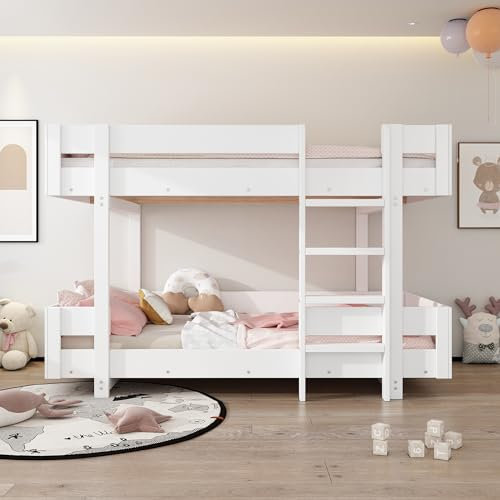 Etagenbett Kinderbett Hochbett mit 2 Liegeflächen 90x200 und Leiter, Platzsparendes Stockbett für 2 Kinder Holzbett Bettrahmen mit Rausfallschutz und Lattenrost, stabile Massivholzkonstruktion, Weiß