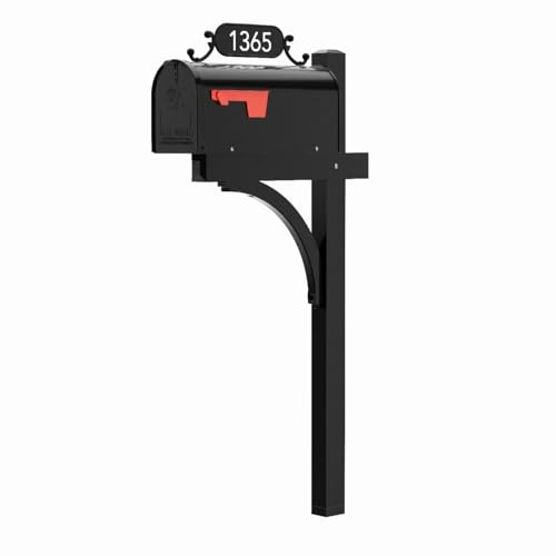 The Glenbrook Deluxe Mailbox and Post - Personalized Complete System with Custom Street Address Plate, Steel Mailbox, and Aluminum Post Included (All Black)