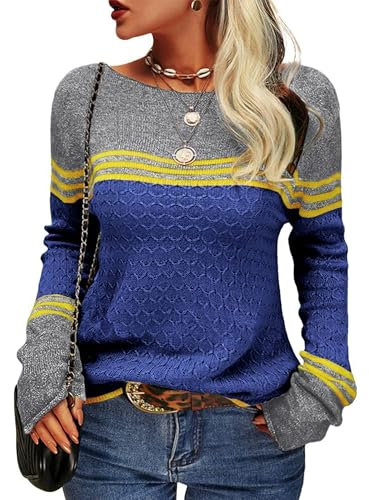 Hormtaer Womens Jumpers Crew Neck Long Sleeve Knit Sweater Colorblock Striped Knitwear Ladies Casual Retro Sweaters Soft Pullover Tops (Dark Blue, XL)