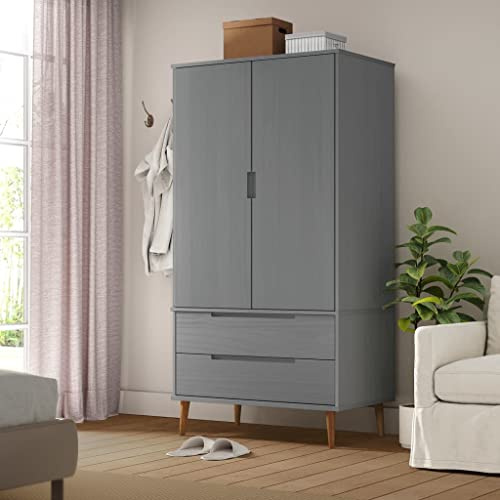 Willood Kleiderschrank MOLDE Grau 90x55x175 cm Massivholz Kiefer Garderobenschrank Schrank Hochschrank Schlafzimmerschrank Holzschrank Schubladen