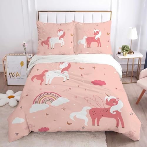 HOMHOMHA Einhorn BettwäSche Kinder MäDchen Bettdecken Set 200x200cm with 2 Kissenbezug 80×80cm 3PS 3D-Druck Regenbogen Rosa 100% Mikrofaser BettwäSche