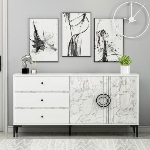 Homidea ZOE Console – Commode – Buffet – Meuble TV – Avec 2 portes et 3 tiroirs au design moderne 150 x 78,6 x 40 cm (marbre blanc)