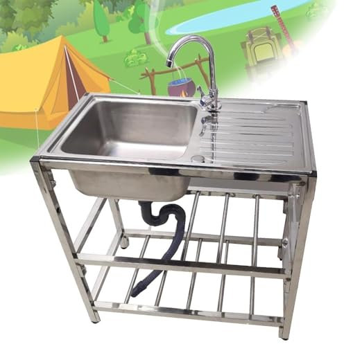 QSPNVFB Evier De Cuisine Mobile avec Établi, 75x40 Évier De Lavabo INOX Professionnel, Indépendant Evier De Camping avec Robinets pour Garage Jardin(Double Layer)