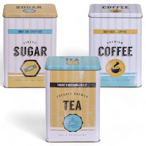 MIJOMA Lot de 3 boîtes en métal rétro avec couvercle | Design vintage : boîte à café, boîte à thé, sucrier | Boîtes de conservation nostalgiques pour café, thé, sucre | Cadeau de pendaison de