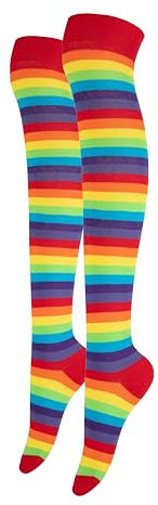 Alanna Jones Women Ladies Girls Stripe Cotton Rich Over the Knee High Socks Stripe Thigh Socks Leg Warmer for Casual Daily Wear UK Size 4-6.5 (Red Rainbow)